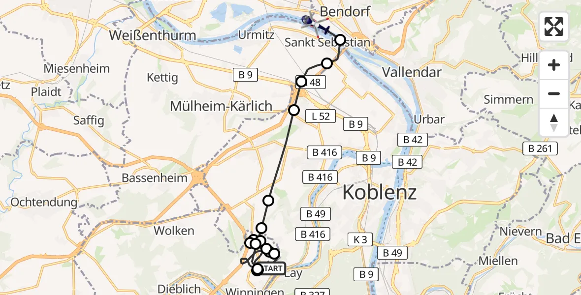 Flugroute Polizeihubschrauber Koblenz-Winningen Airfield - Bendorf, 02 März 2026, 10:11