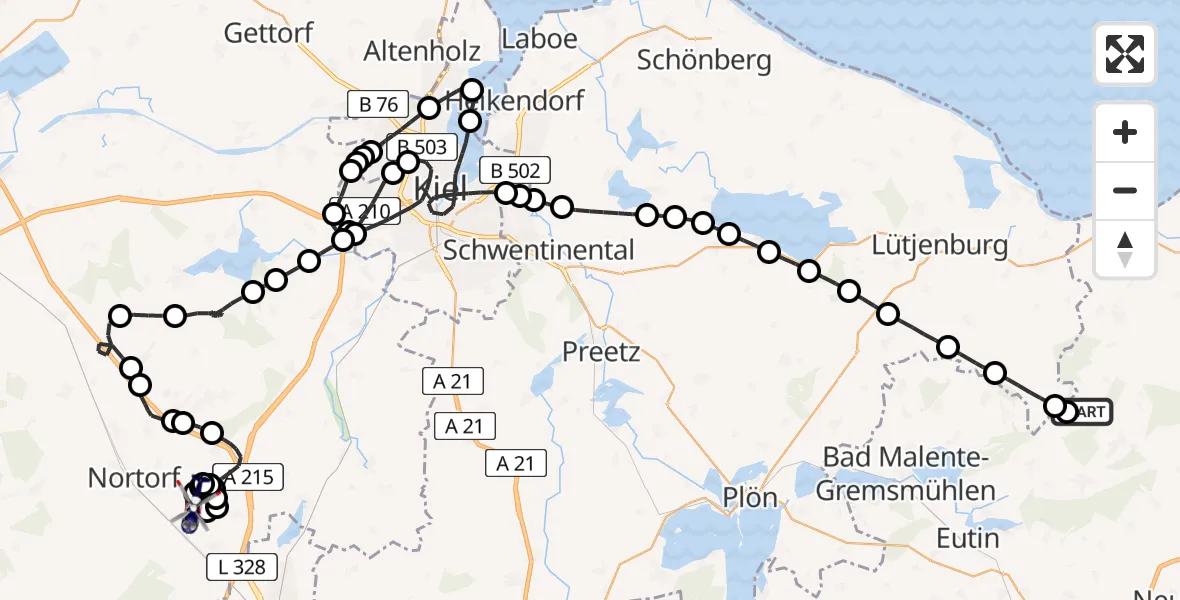 Routekaart van de vlucht: Polizeihubschrauber nach Schülp bei Nortorf, Looper Weg