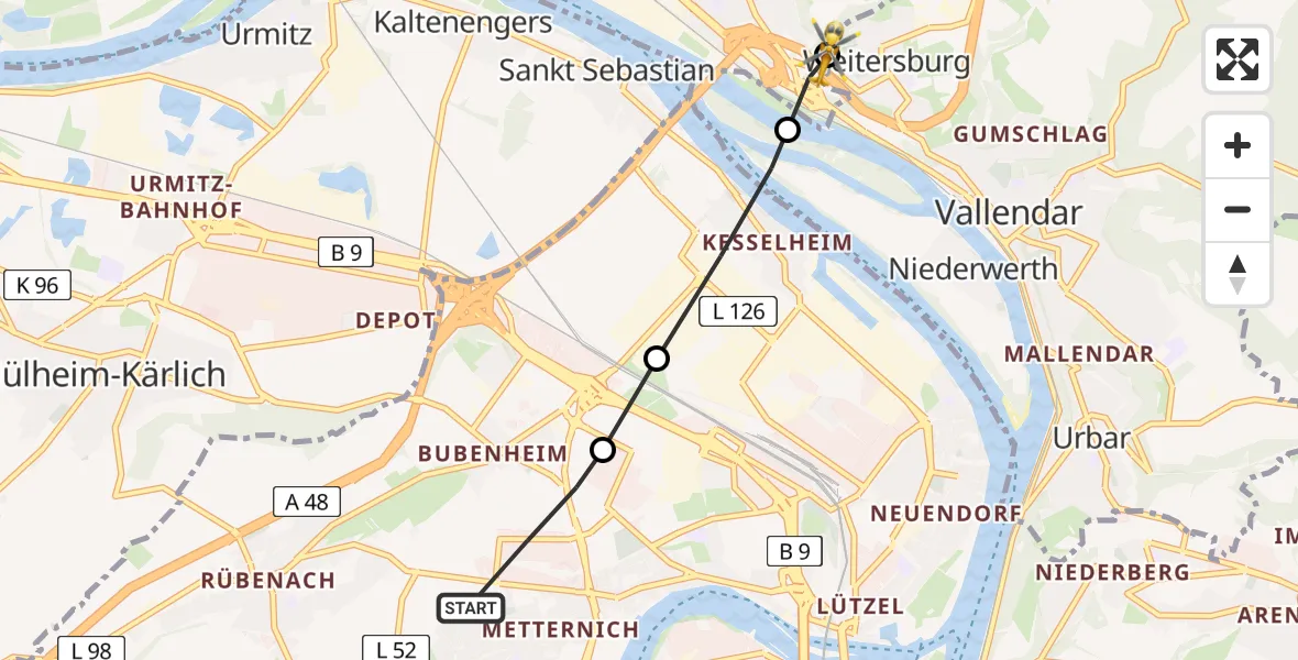Flugroute Rettungshubschrauber Koblenz - Weitersburg, 02 März 2026, 10:14