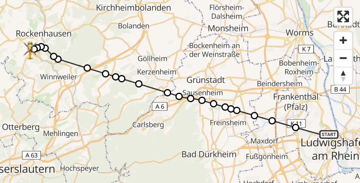 Flugroute Rettungshubschrauber Ludwigshafen am Rhein - Imsweiler UL, 02 März 2026, 10:17