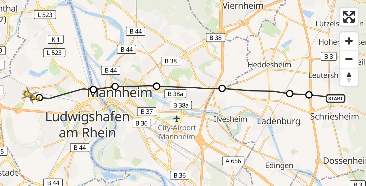Flugroute Rettungshubschrauber Schriesheim - Ludwigshafen Accident Hospital Heliport, 02 März 2026, 10:21