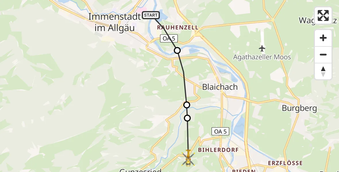 Flugroute Rettungshubschrauber Immenstadt im Allgäu - Gunzesried, 02 März 2026, 10:24