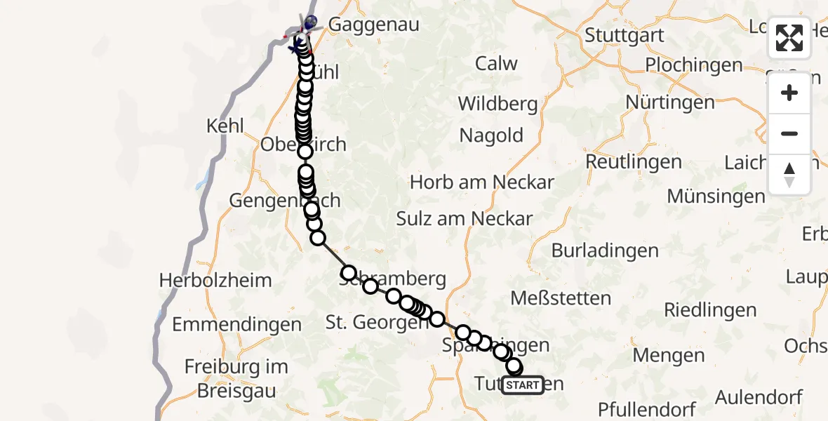 Flugroute Polizeihubschrauber Tuttlingen - Karlsruhe Baden-Baden Airport, 02 März 2026, 10:25