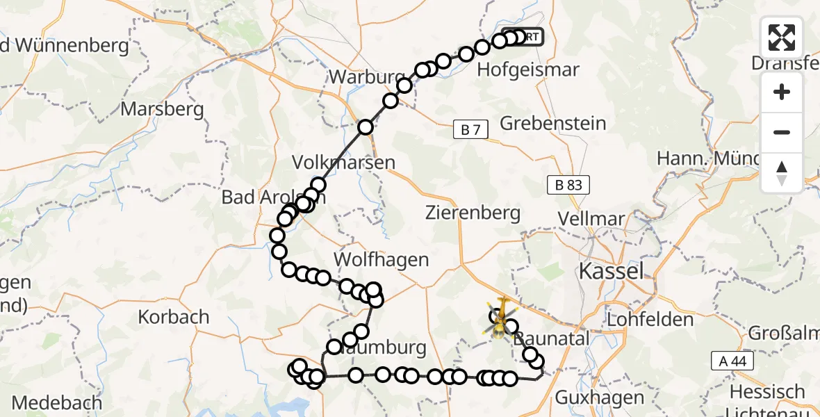 Flugroute Rettungshubschrauber Hofgeismar - Hoof, 02 März 2026, 10:30