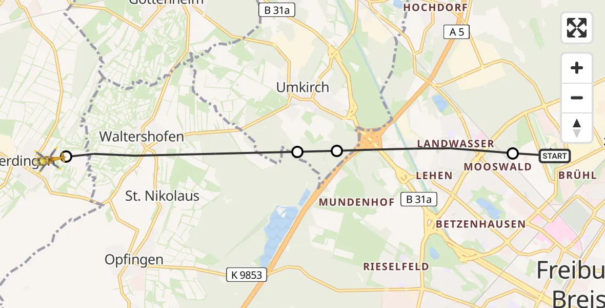 Flugroute Rettungshubschrauber Freiburg im Breisgau Airfield - Merdingen, 02 März 2026, 10:31