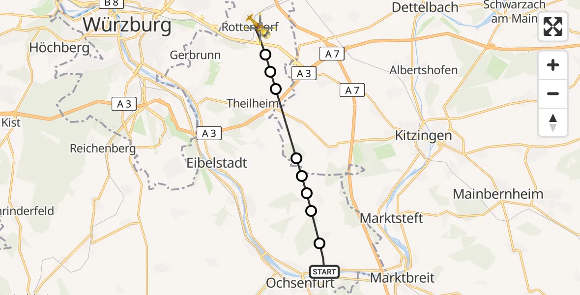 Flugroute Rettungshubschrauber Frickenhausen am Main - Rottendorf, 02 März 2026, 10:36
