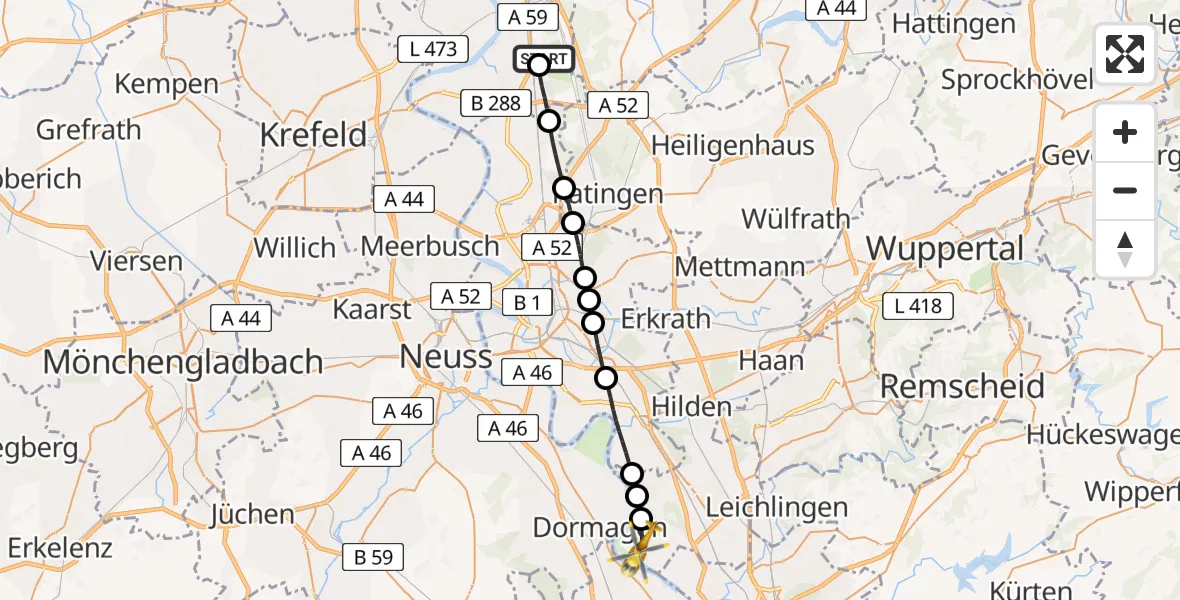 Flugroute Rettungshubschrauber Duisburg Air Rescue Heliport (Christoph 9) - Monheim am Rhein, 02 März 2026, 10:39