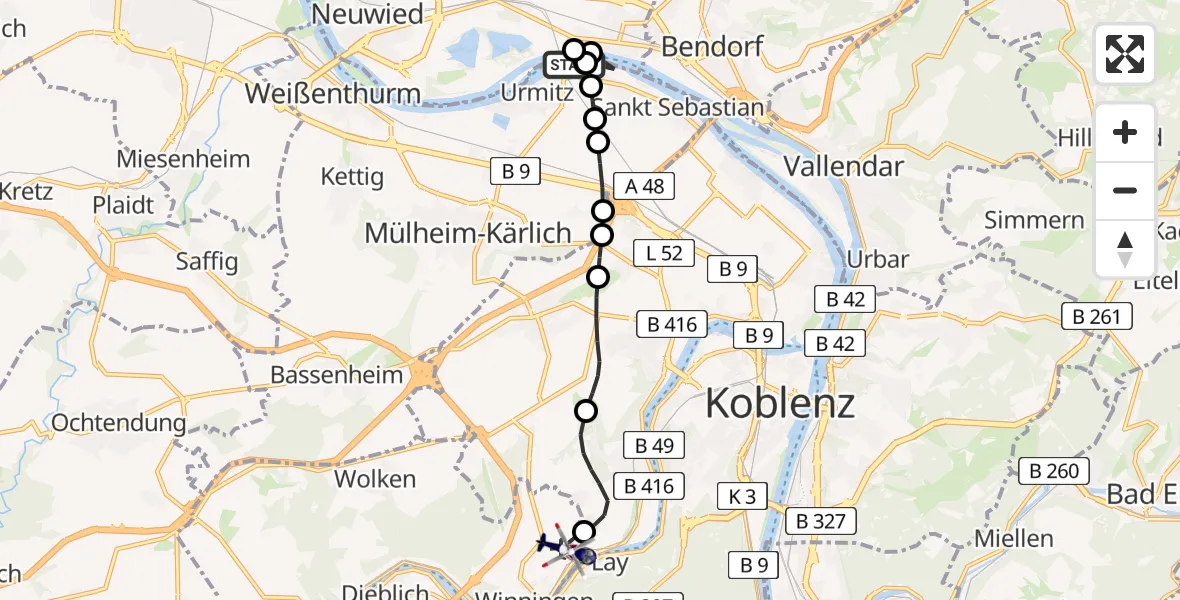 Flugroute Polizeihubschrauber Urmitz - Koblenz-Winningen Airfield, 02 März 2026, 10:46