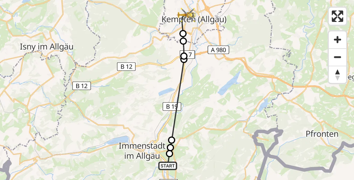 Routekaart van de vlucht: Rettungshubschrauber nach Kempten (Allgäu), Bischof-Freundorfer-Weg