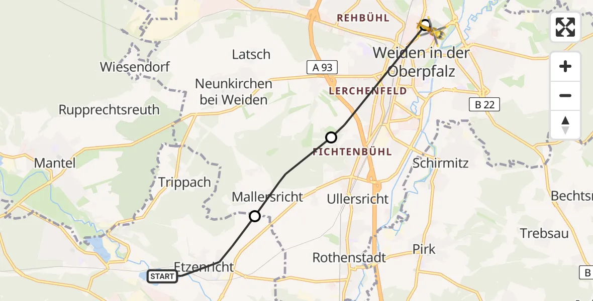 Flugroute Rettungshubschrauber Etzenricht - Weiden Hospital Heliport, 02 März 2026, 11:07