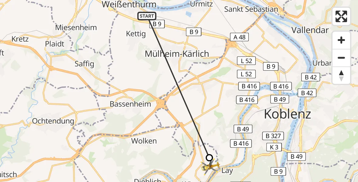 Flugroute Ambulanzhubschrauber Weißenthurm - Koblenz-Winningen Airfield, 02 März 2026, 11:17