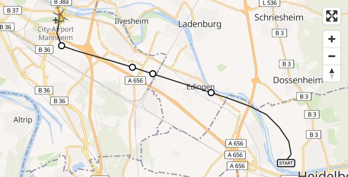 Flugroute Rettungshubschrauber Heidelberg - Mannheim-City Airport, 02 März 2026, 11:19