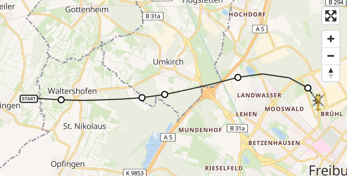 Flugroute Rettungshubschrauber Merdingen - Freiburg im Breisgau Airfield, 02 März 2026, 11:29
