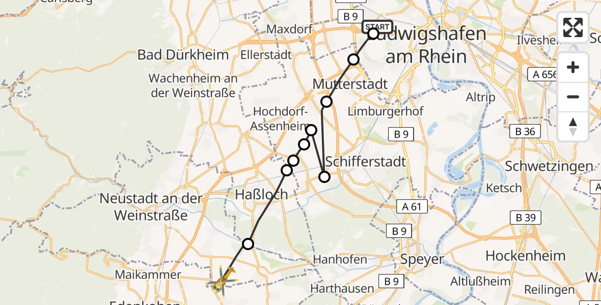 Flugroute Rettungshubschrauber Ludwigshafen Accident Hospital Heliport - Neustadt an der Weinstraße, 02 März 2026, 11:35