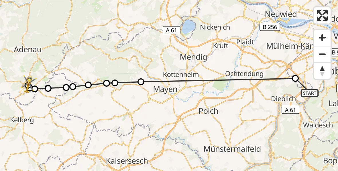 Flugroute Ambulanzhubschrauber Koblenz-Winningen Airfield - Nürburg, 02 März 2026, 11:35