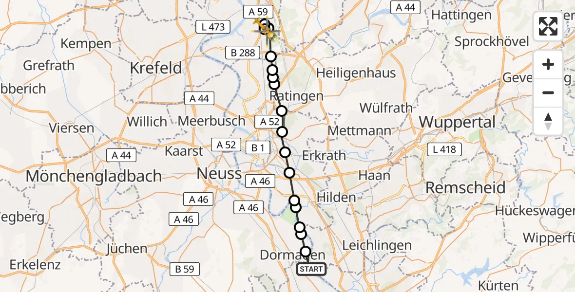 Flugroute Rettungshubschrauber Monheim am Rhein - Duisburg Air Rescue Heliport (Christoph 9), 02 März 2026, 11:38