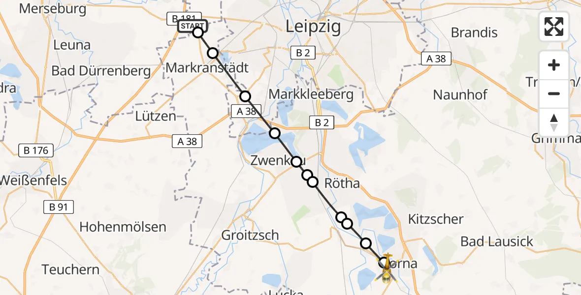 Flugroute Rettungshubschrauber Schkeuditz - Borna, 02 März 2026, 11:45