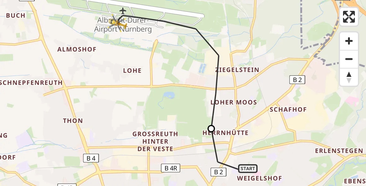 Flugroute Ambulanzhubschrauber Nürnberg - Nuremberg Airport, 02 März 2026, 11:48