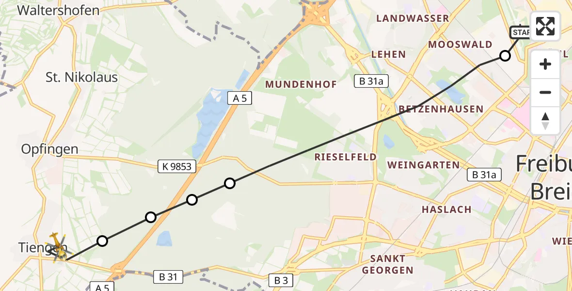 Flugroute Rettungshubschrauber Freiburg im Breisgau Airfield - Tiengen, 02 März 2026, 11:54