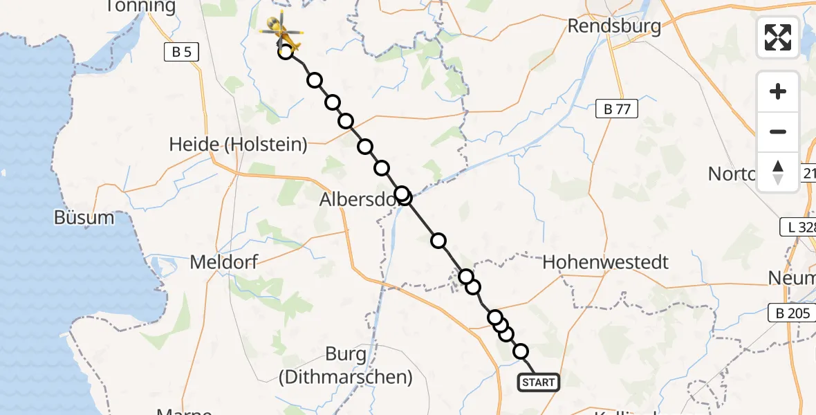 Flugroute Rettungshubschrauber Hohenaspe - Hennstedt, 02 März 2026, 11:57