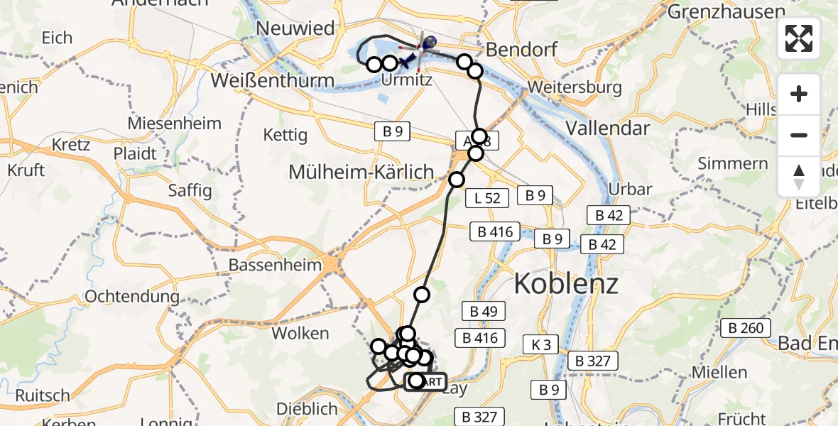 Routekaart van de vlucht: Polizeihubschrauber nach Neuwied, Ackerskaul