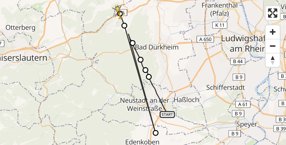 Flugroute Rettungshubschrauber Neustadt an der Weinstraße - Hettenleidelheim, 02 März 2026, 12:13