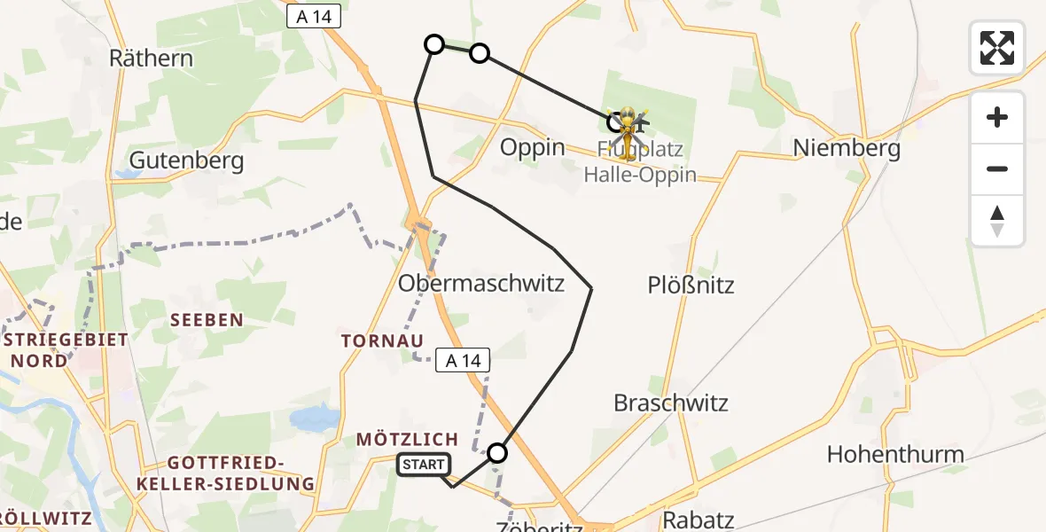 Flugroute Rettungshubschrauber Halle (Saale) - Halle-Oppin Airfield, 02 März 2026, 12:17