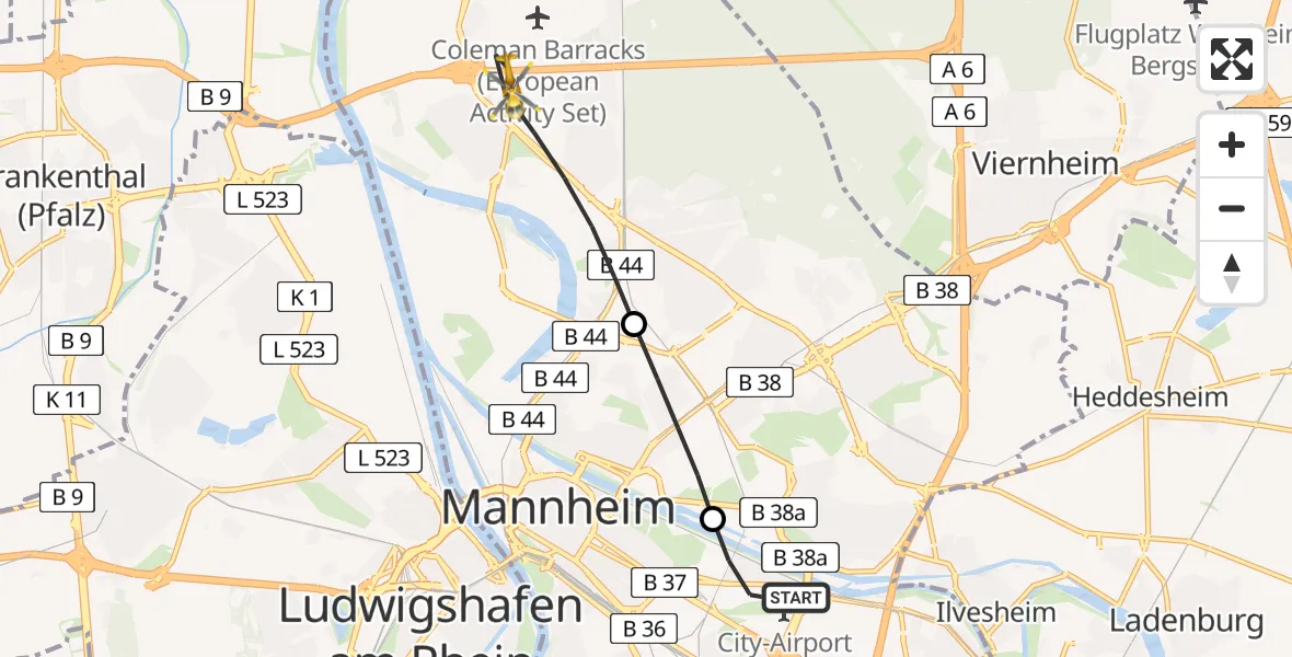 Flugroute Rettungshubschrauber Mannheim-City Airport - Mannheim, 02 März 2026, 12:38