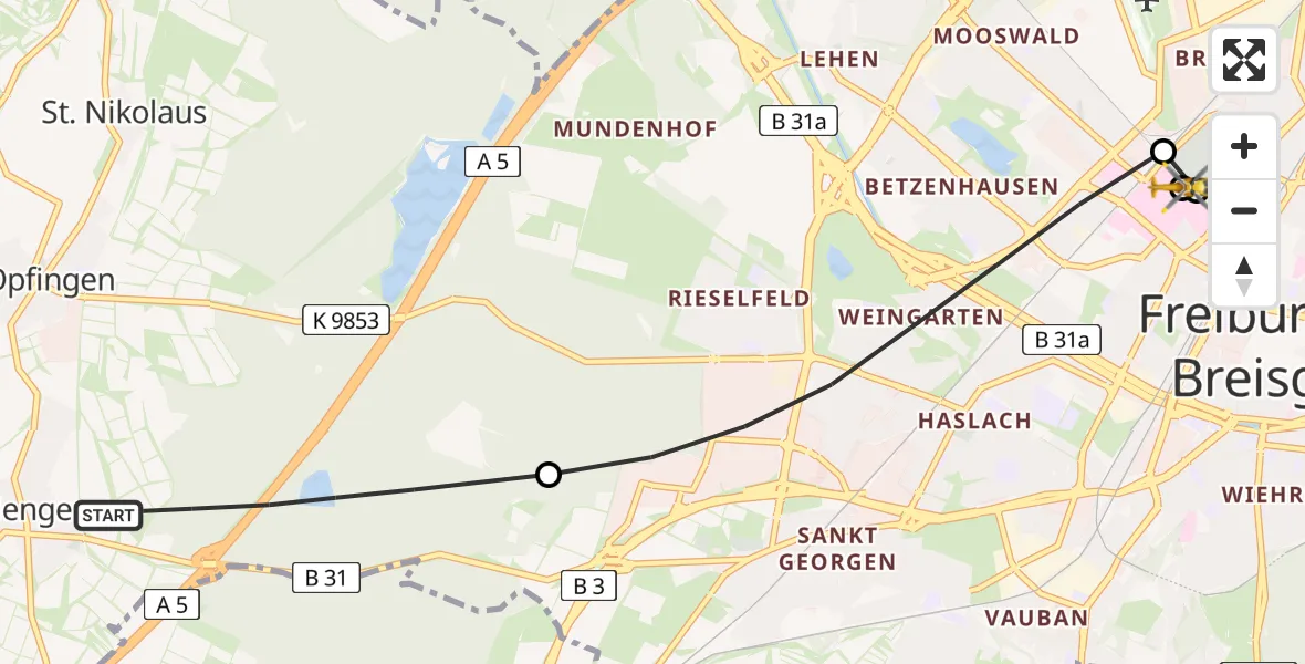 Flugroute Rettungshubschrauber Tiengen - Freiburg University Hospital Heliport 1, 02 März 2026, 12:44