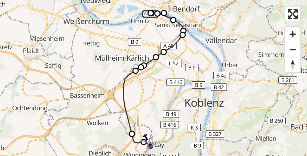 Flugroute Polizeihubschrauber Urmitz - Koblenz-Winningen Airfield, 02 März 2026, 12:49