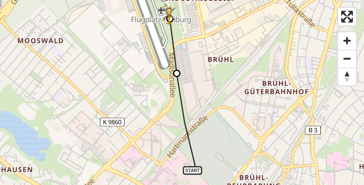 Routekaart van de vlucht: Rettungshubschrauber nach Freiburg im Breisgau Airfield