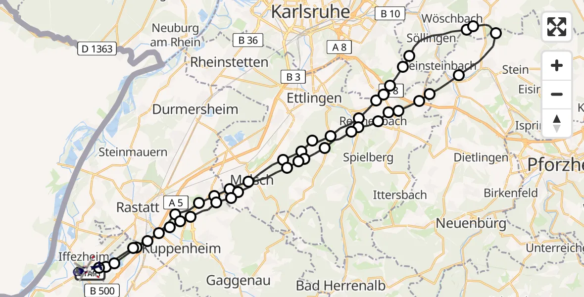 Flugroute Polizeihubschrauber Iffezheim - Iffezheim, 02 März 2026, 13:09