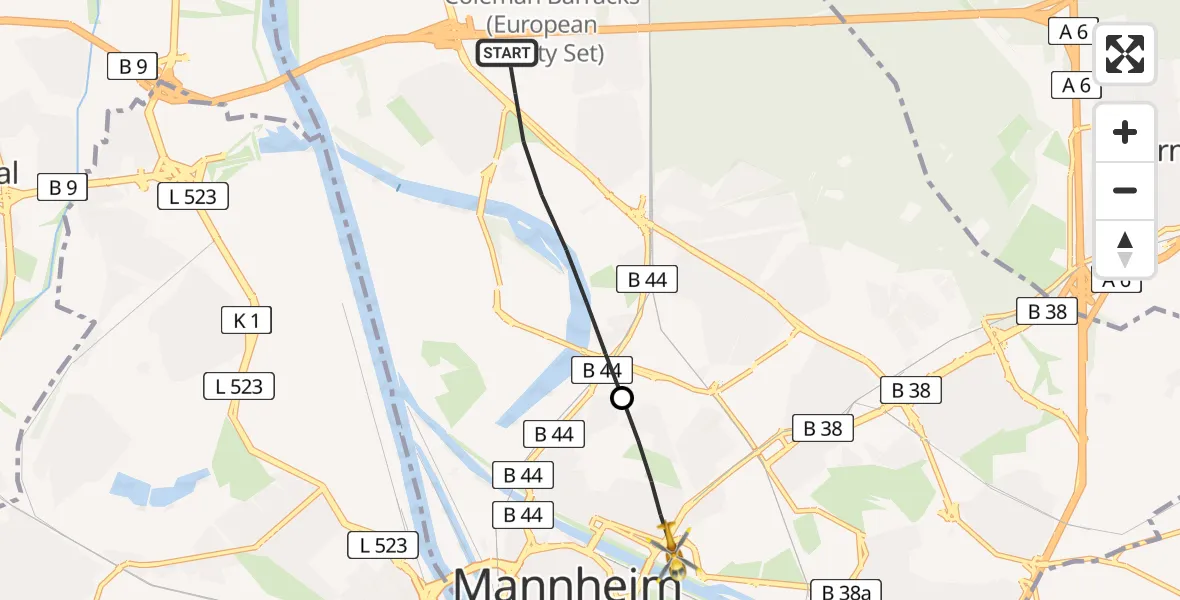 Routekaart van de vlucht: Rettungshubschrauber nach Neckarstadt-Ost/Wohlgelegen, Theodor-Kutzer-Ufer
