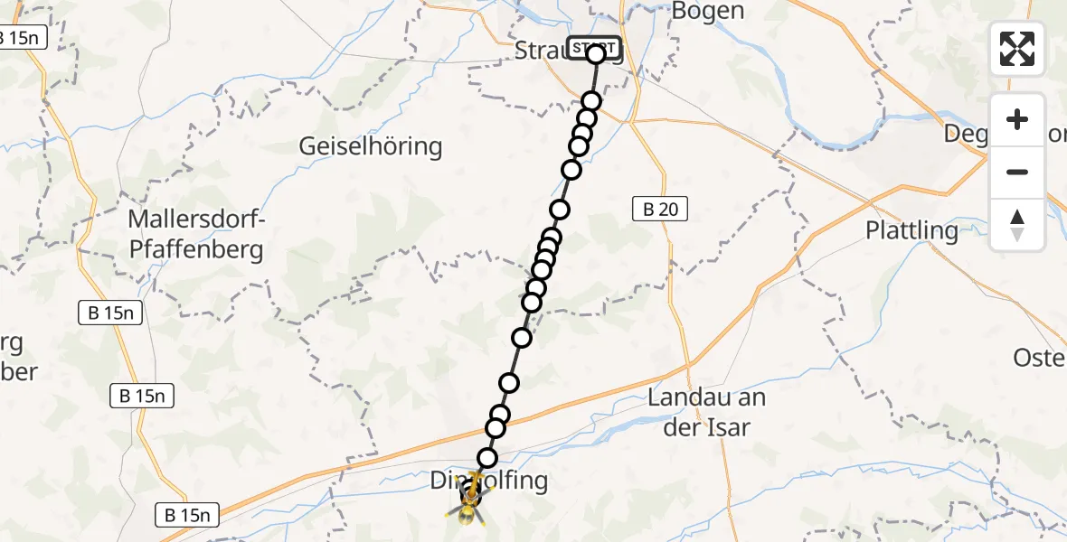 Flugroute Rettungshubschrauber Sankt Elisabeth Hospital Straubing Heliport - Dingolfing, 02 März 2026, 13:26