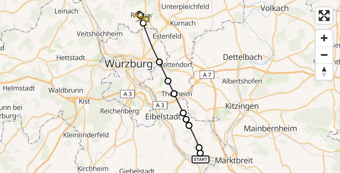 Flugroute Rettungshubschrauber Frickenhausen am Main - Maidbronn, 02 März 2026, 13:33
