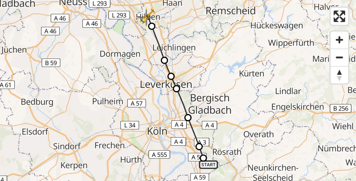 Flugroute Rettungshubschrauber Cologne Bonn Airport - Hilden, 02 März 2026, 13:34