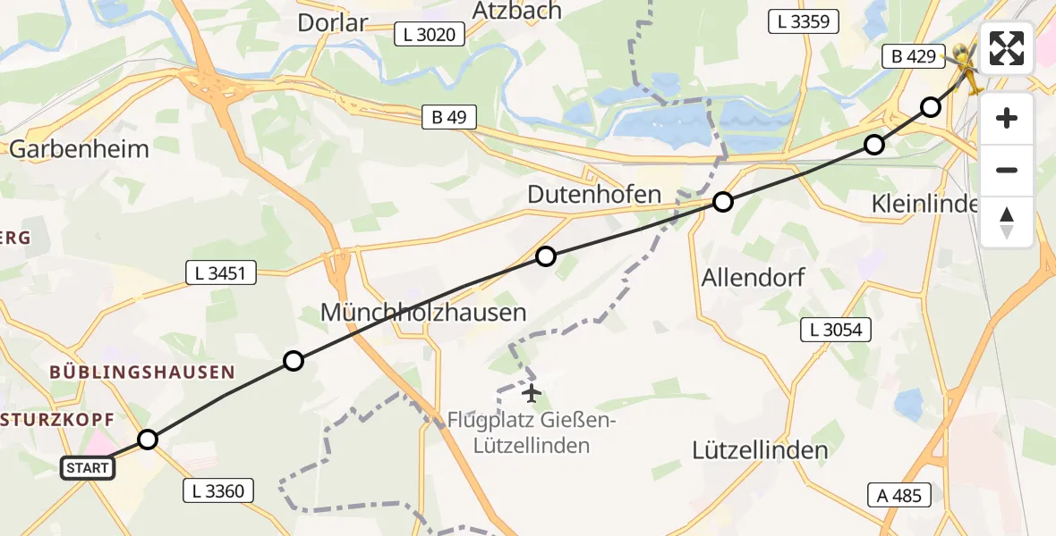 Flugroute Rettungshubschrauber Lahn-Dill Clinic Wetzlar Heliport - Gießen, 02 März 2026, 13:41