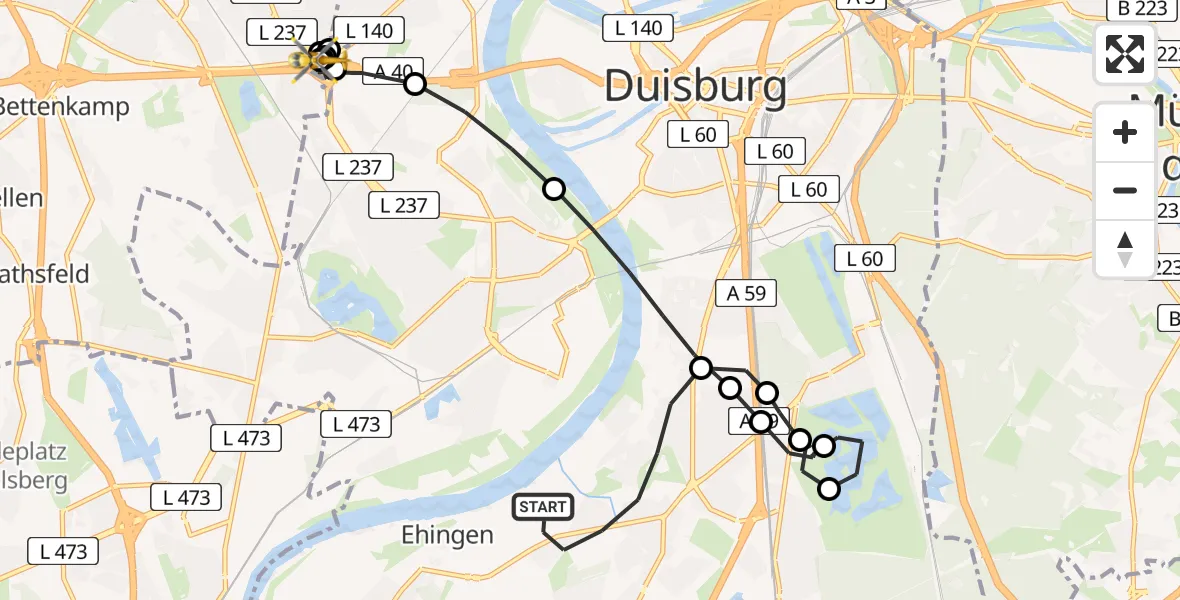 Flugroute Rettungshubschrauber Duisburg-Süd - Homberg/Ruhrort/Baerl, 02 März 2026, 13:44