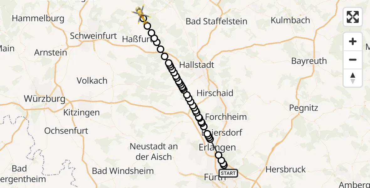 Flugroute Rettungshubschrauber Nuremberg Airport - Ostheim, 02 März 2026, 13:44