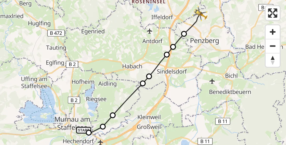 Flugroute Rettungshubschrauber Murnau Accident Hospital Heliport - Penzberg, 02 März 2026, 13:47