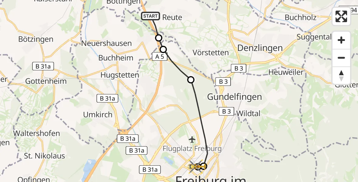 Flugroute Rettungshubschrauber Holzhausen - Freiburg University Hospital Heliport 1, 02 März 2026, 13:53