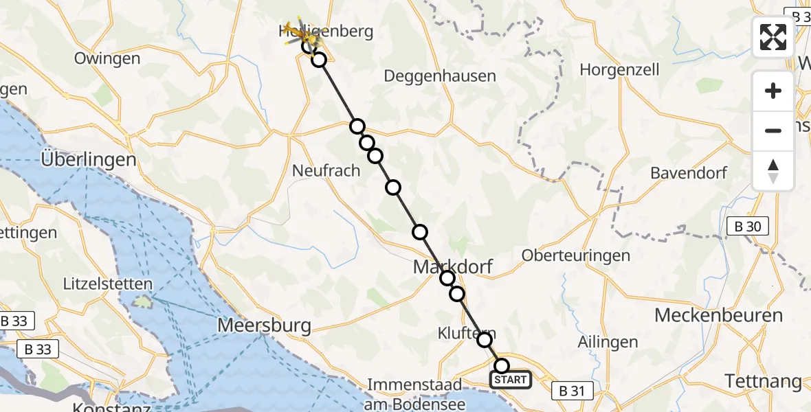 Flugroute Rettungshubschrauber Friedrichshafen Hospital Heliport - Heiligenberg, 02 März 2026, 13:56