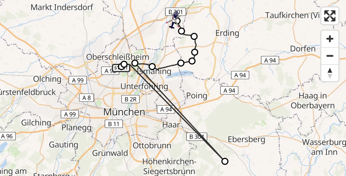 Routekaart van de vlucht: Polizeihubschrauber nach Hallbergmoos, Ludwigstraße
