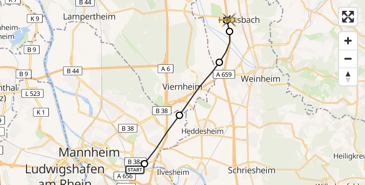 Flugroute Rettungshubschrauber Mannheim-City Airport - Hemsbach, 02 März 2026, 14:10