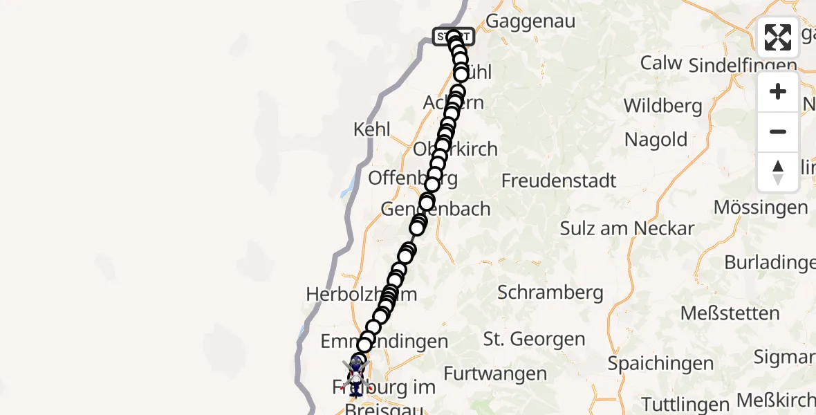 Flugroute Polizeihubschrauber Karlsruhe Baden-Baden Airport - Umkirch, 02 März 2026, 14:17