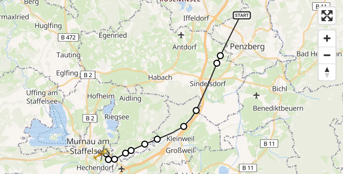 Flugroute Rettungshubschrauber Penzberg - Murnau Accident Hospital Heliport, 02 März 2026, 14:18