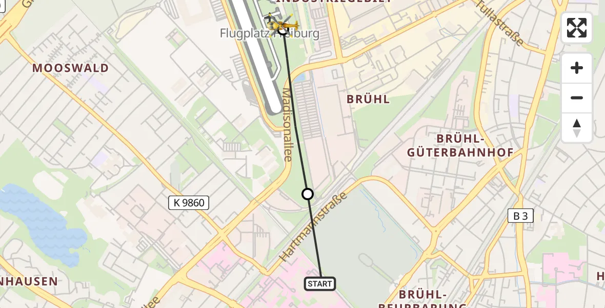 Flugroute Rettungshubschrauber Freiburg University Hospital Heliport 1 - Freiburg im Breisgau Airfield, 02 März 2026, 14:23