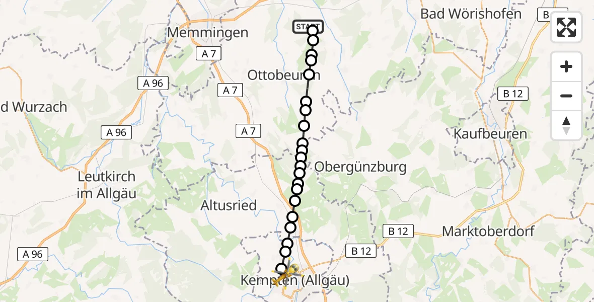 Flugroute Rettungshubschrauber Attenhausen - Kempten (Allgäu), 02 März 2026, 14:23