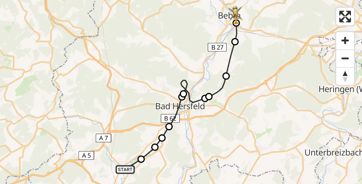 Routekaart van de vlucht: Rettungshubschrauber nach Bebra, Gilfershäuser Straße