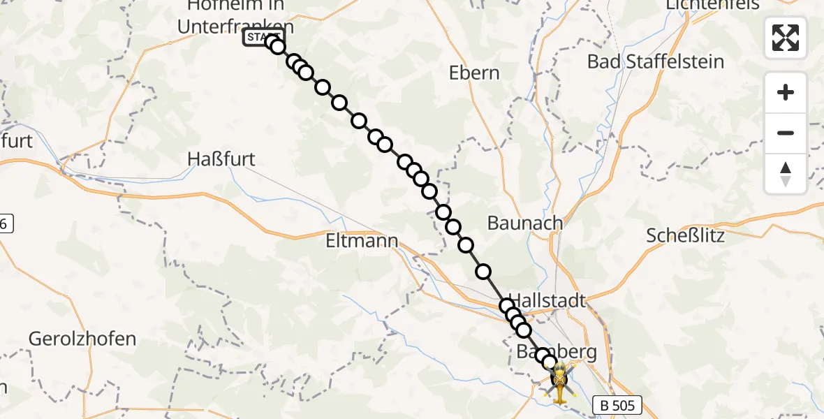 Flugroute Rettungshubschrauber Ostheim - Bamberg Hospital Heliport, 02 März 2026, 14:30
